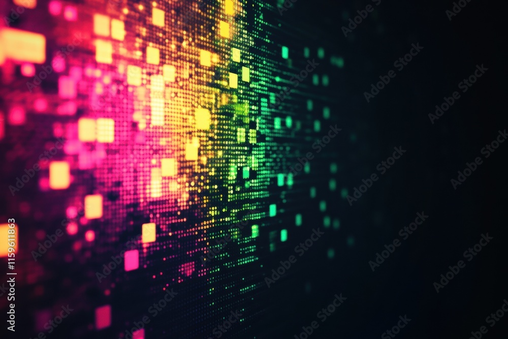 Obraz premium Glowing mosaic of pixelated elements creates a vibrant abstract display in bright neon colors. Generative AI