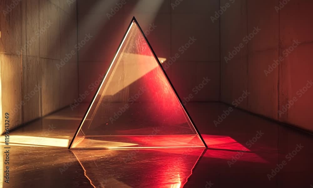 Illuminated Glass Pyramid in Minimalist Concrete Room