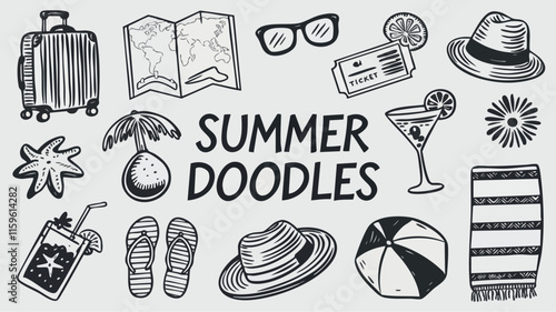 A set of hand-drawn summer travel doodles. There's a suitcase, a map, glasses, a cocktail, a plane ticket, a hat, flip flops, sunglasses, and a beach towel. 
