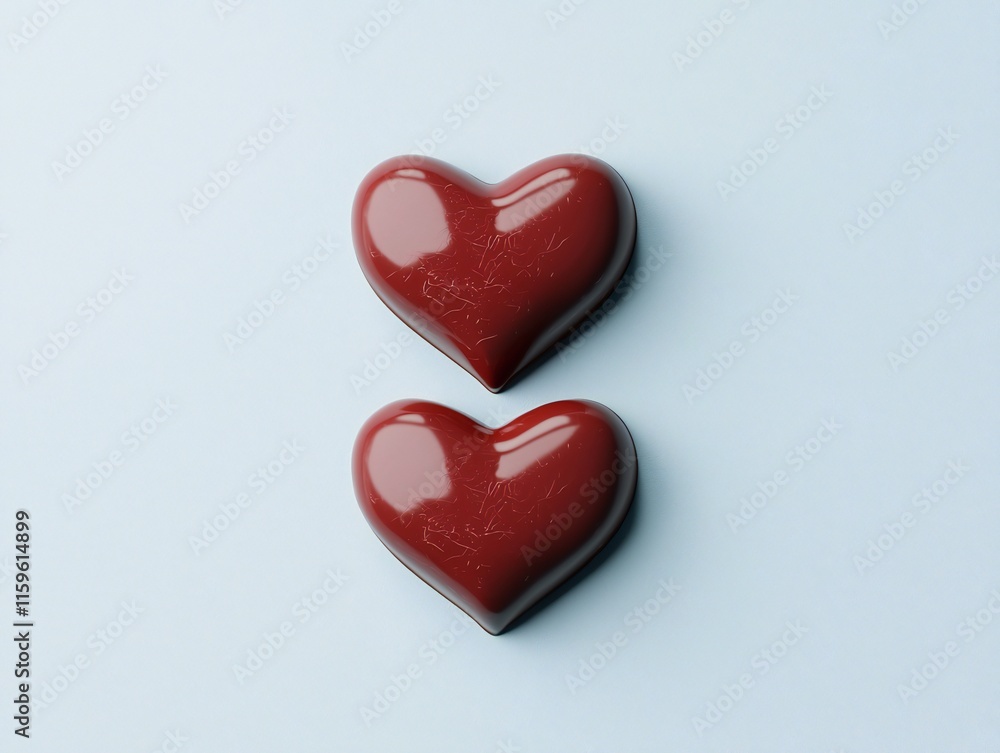 Valentine's Day Two Red Chocolate Heart Candies on Blue Background Valentine's Day Two Red Chocolate Heart Candies on Blue Background