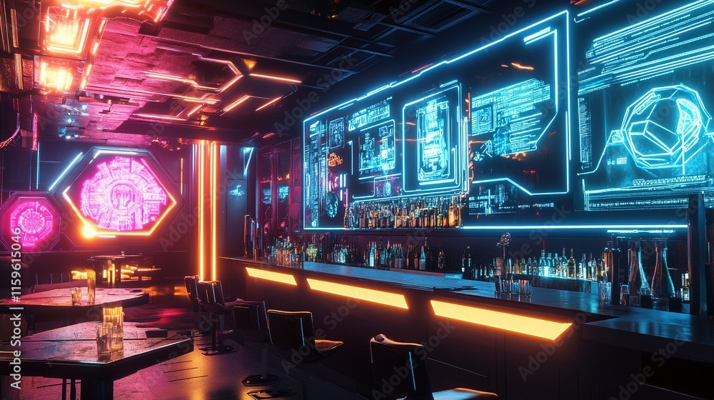 A cyberpunk bar with neon-lit drinks, holographic menus, and futuristic decor. A cyberpunk bar with neon-lit drinks, holographic menus, and futuristic decor.