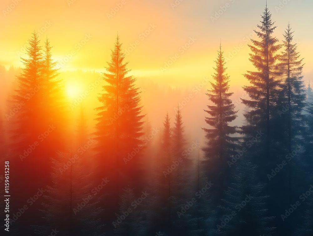Sunrise Illuminates Misty Evergreen Forest Trees Sunrise Illuminates Misty Evergreen Forest Trees