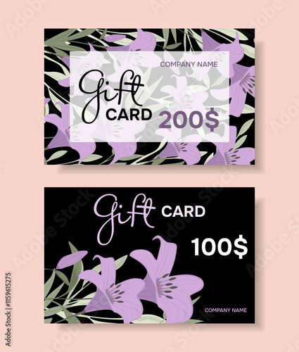 Gift vouchers templates with lily flowers. Business floral cards template. Abstract background.