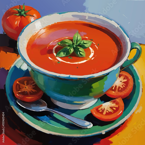 tomato soup with basil leaves food vector illustration
