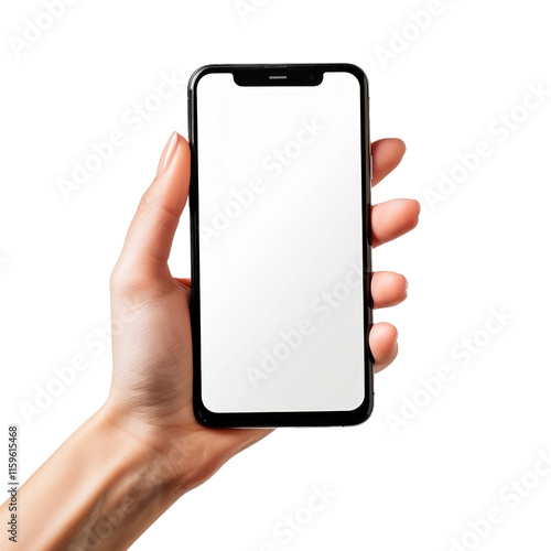 Women's hand holding a smartphone with a white screen, isolated on a transparent background. PNG element.