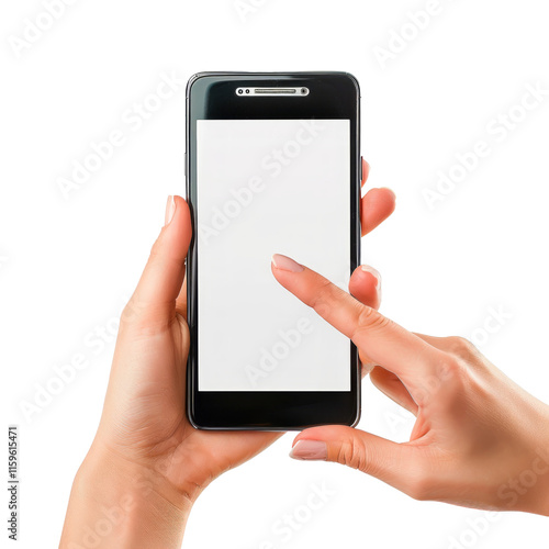 Women's hand holding a smartphone with a white screen, isolated on a transparent background. PNG element.