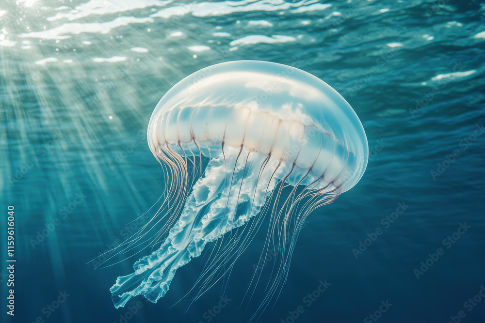 Fototapeta premium Graceful Jellyfish Gliding in Sunlit Ocean