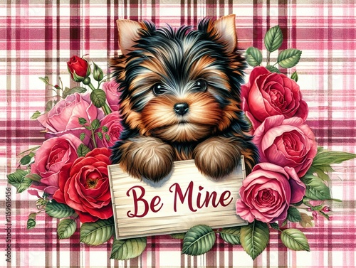 Adorable Yorkshire Terrier puppy surrounded by pink and red roses holding a 