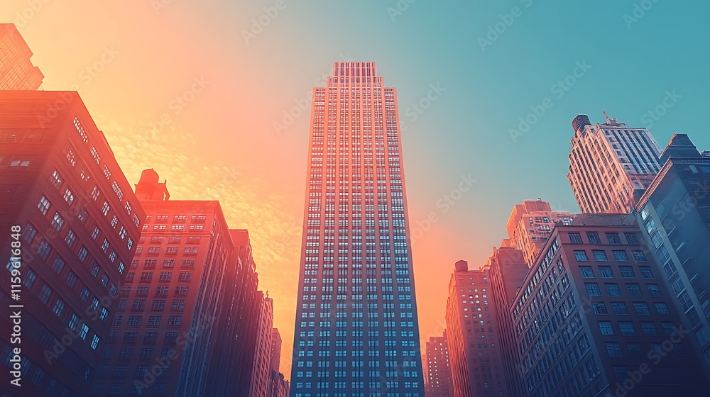 Obraz premium Dramatic clouds stretch across the sky above the glowing city skyline background image