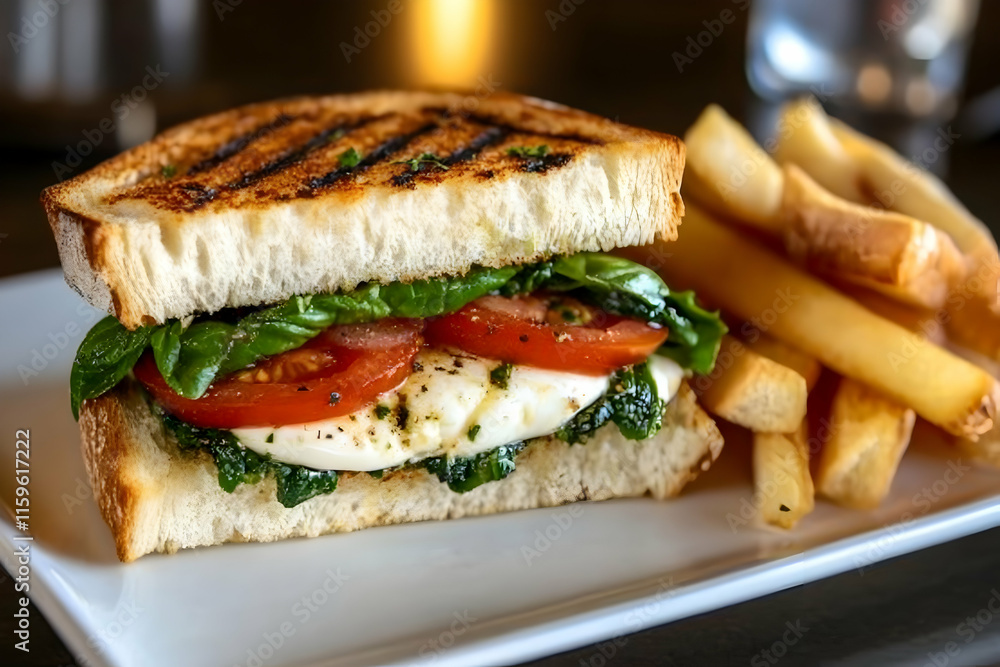 Caprese sandwich with fresh mozzarella, basil, and tomatoes served on artisan bread Caprese sandwich with fresh mozzarella, basil, and tomatoes served on artisan bread