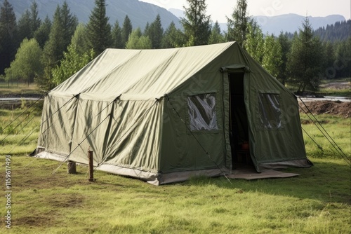 Army personnel placement in grey military tent amidst green mountain campsite
