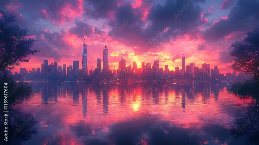 Radiant sunset transforms the city skyline under bold dramatic cloud formations background image Radiant sunset transforms the city skyline under bold dramatic cloud formations background image