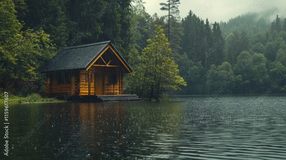 Fototapeta premium Log cabin style country house near a lake, soft drops of water falling from the roof generative ai