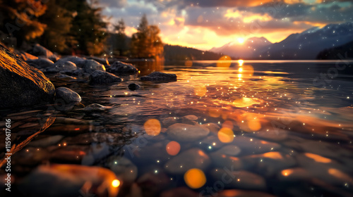 Sunset Reflection on Calm Lake with Scenic Mountain and Shoreline for Nature Retreat Concepts
