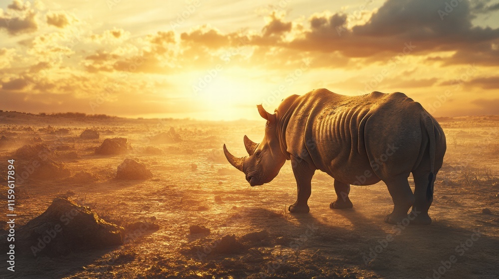 Fototapeta premium Rhino stands majestically in a barren savanna at sunset with golden hues and dramatic clouds creating a peaceful atmosphere. Generative AI