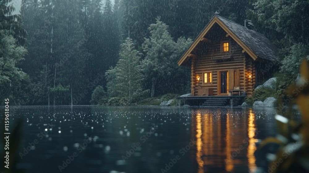 Fototapeta premium Log cabin style country house near a lake, soft drops of water falling from the roof generative ai