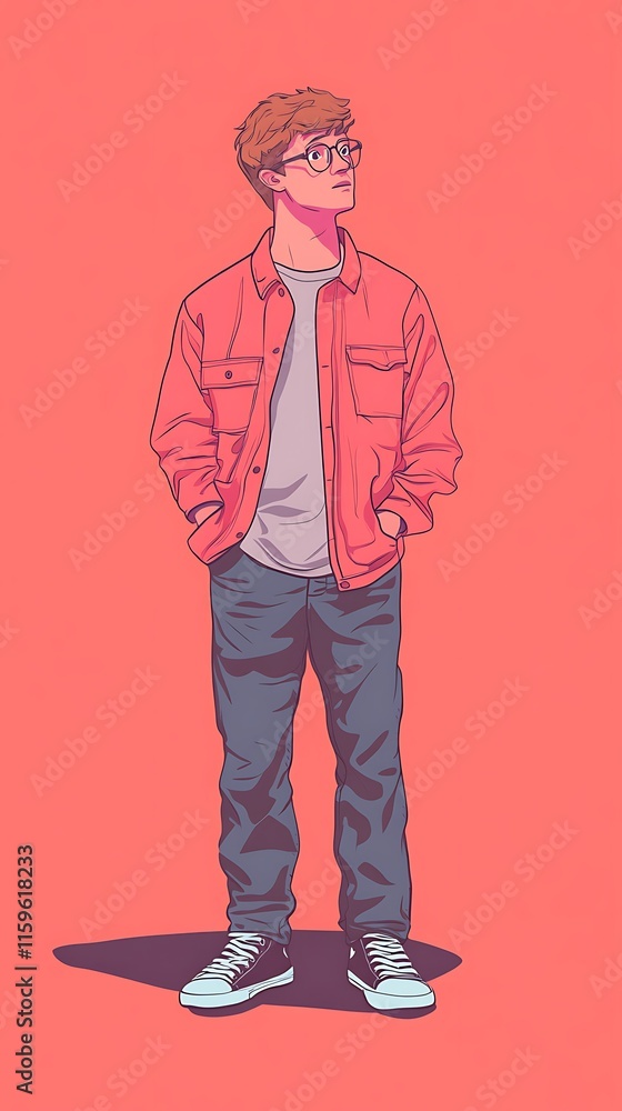 Obraz premium A stylized illustration of a young man in casual attire against a solid background.