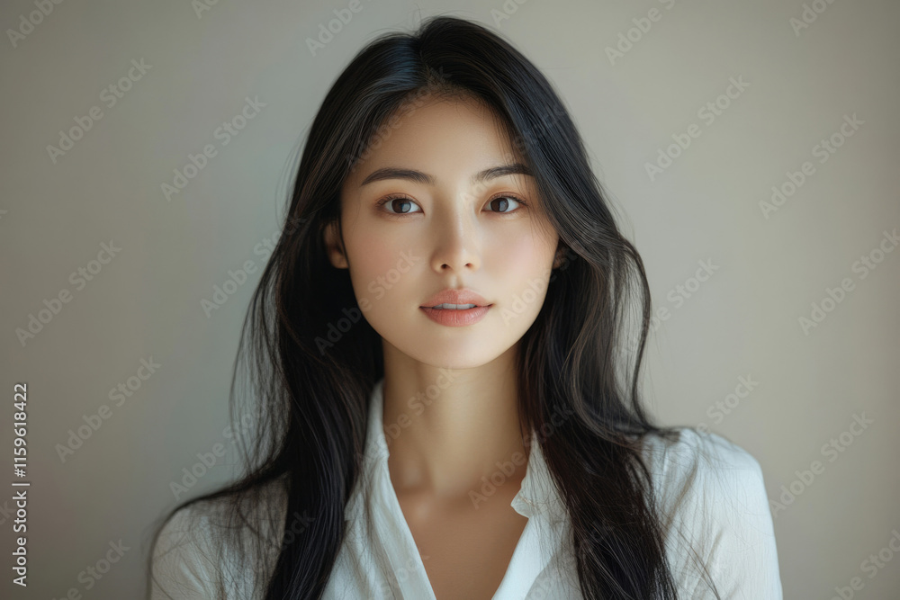 Portrait of a young East Asian woman with long black hair, wearing a white collared shirt, against a muted background. Portrait of a young East Asian woman with long black hair, wearing a white collared shirt, against a muted background.