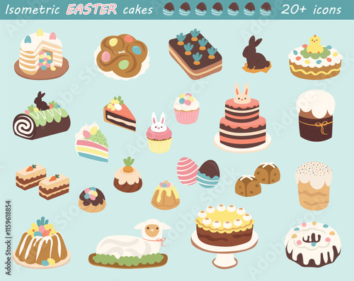 Isometric Easter cake icon collection, 20+ items