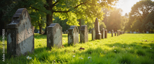 Tranquil cemetery scene with gravestones and dappled sunlight, reflection photo