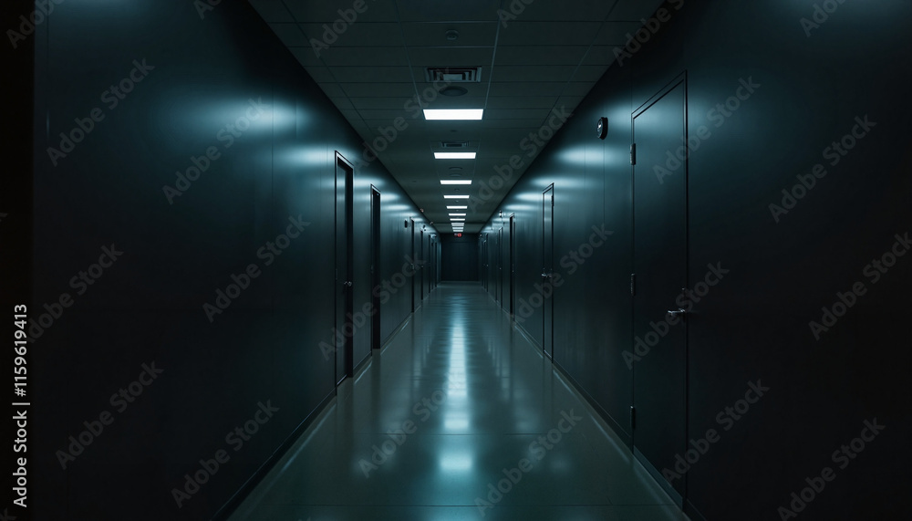 Gloomy office corridor in urban high-rise, dark ambiance Gloomy office corridor in urban high-rise, dark ambiance