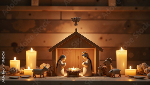 Minimalist nativity scene with wooden figures and candlelight glow, peace photo