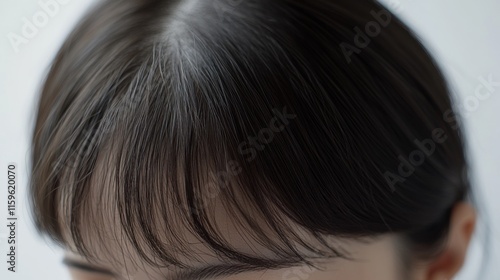 Closeup view of womans dark brown hair, showing texture, strands, and subtle graying