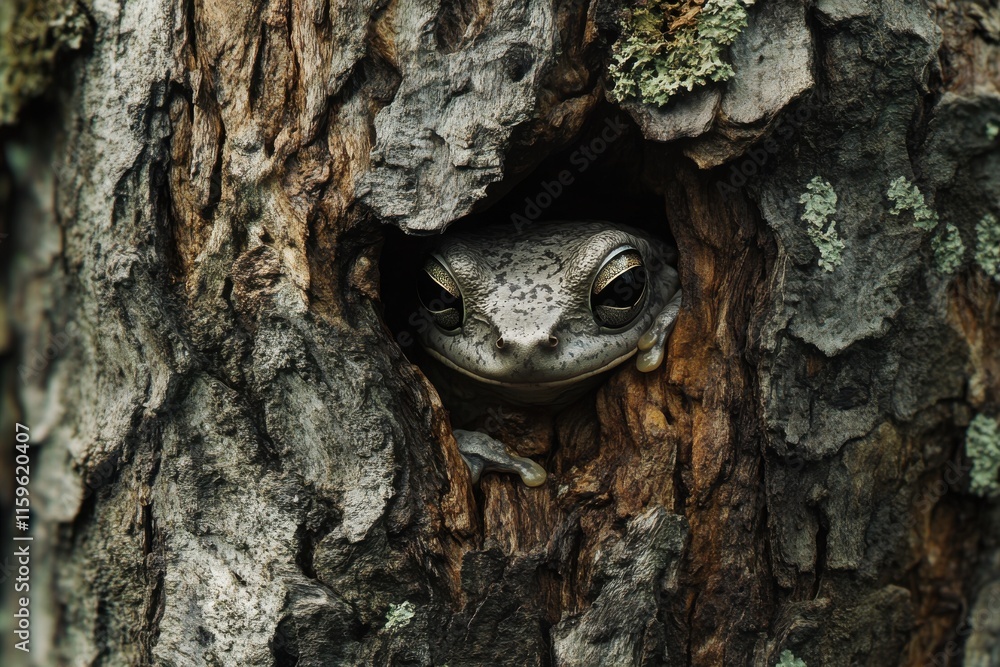 Closeup image of camouflaged grey tree frog on bark with natural lighting and textured details realistic colors and depth highlighting secretive nature Closeup image of camouflaged grey tree frog on bark with natural lighting and textured details realistic colors and depth highlighting secretive nature