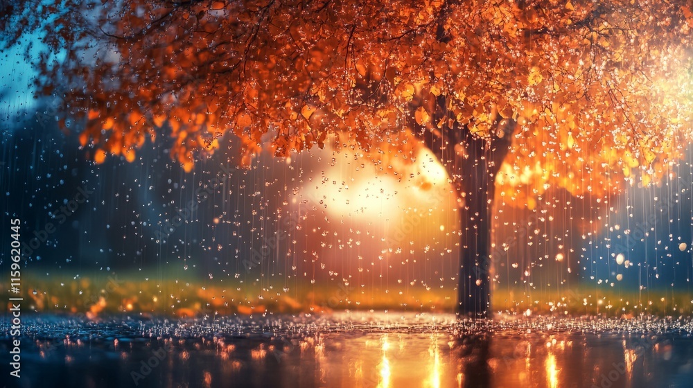 Fototapeta premium trees water drops falling from it, warm colors, beautiful generative ai