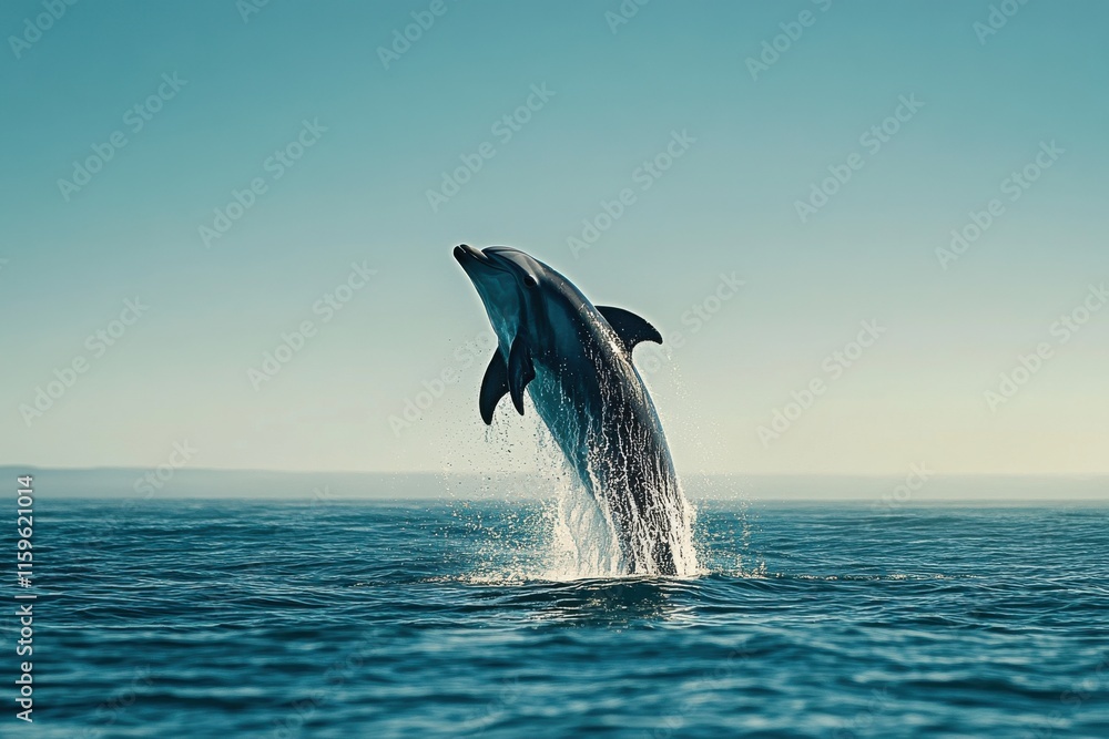 Fototapeta premium Dynamic dolphin leaping in vivid ocean scenery with sunlight