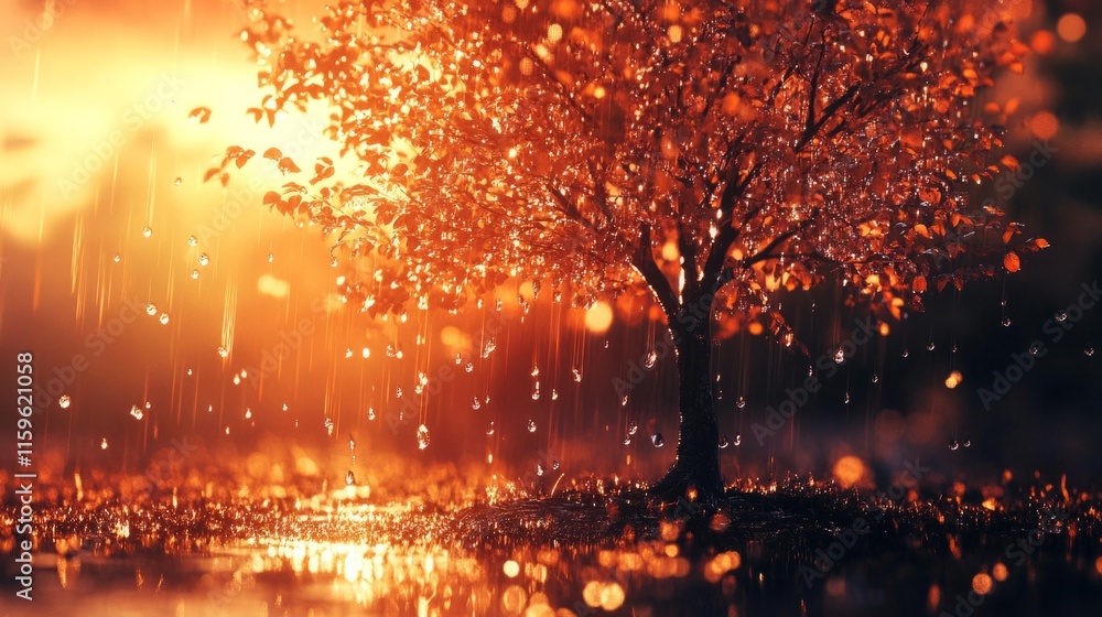 Fototapeta premium trees water drops falling from it, warm colors, beautiful generative ai