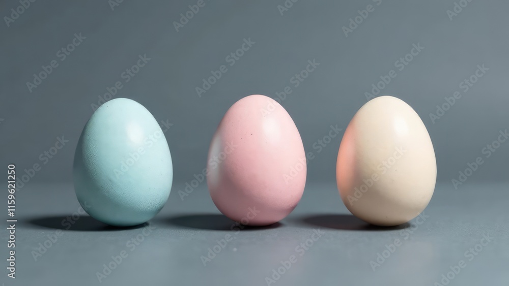 Three smooth, pastel-colored Easter eggs rest on a gray surface. Concept of minimal Easter.
Three smooth, pastel-colored Easter eggs rest on a gray surface. Concept of minimal Easter.