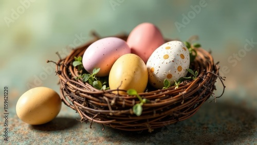 A rustic bird's nest holds several pastel-colored Easter eggs decorated with flowers and speckles.
Concept of springtime celebration.