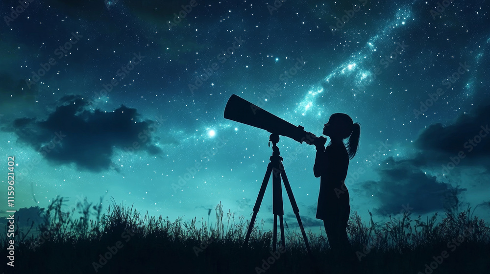 Space exploration banner with woman looking through telescope on night sky. Concept of science discovery in astronomy. Vector poster with cartoon girl watching stars and planets Space exploration banner with woman looking through telescope on night sky. Concept of science discovery in astronomy. Vector poster with cartoon girl watching stars and planets