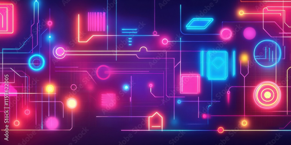 Vibrant neon lights illuminating digital cyberspace with abstract circuit designs, glowing lines and shapes Vibrant neon lights illuminating digital cyberspace with abstract circuit designs, glowing lines and shapes