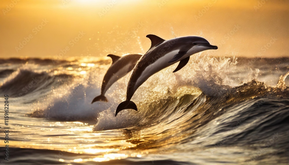 Playful Dolphins Leaping Through Golden Ocean Waves at Sunset Playful Dolphins Leaping Through Golden Ocean Waves at Sunset