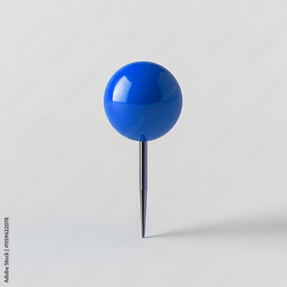 single blue pushpin with a glossy spherical head and a sharp metallic tip, standing upright against a clean light gray background. Its minimalist presentation highlights its functionality single blue pushpin with a glossy spherical head and a sharp metallic tip, standing upright against a clean light gray background. Its minimalist presentation highlights its functionality