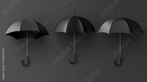 Black umbrella, parasol top, side and front view. Waterproof accessories for rainy autumn weather, design element isolated on transparent background. Realistic 3d vector illustration, icons set photo