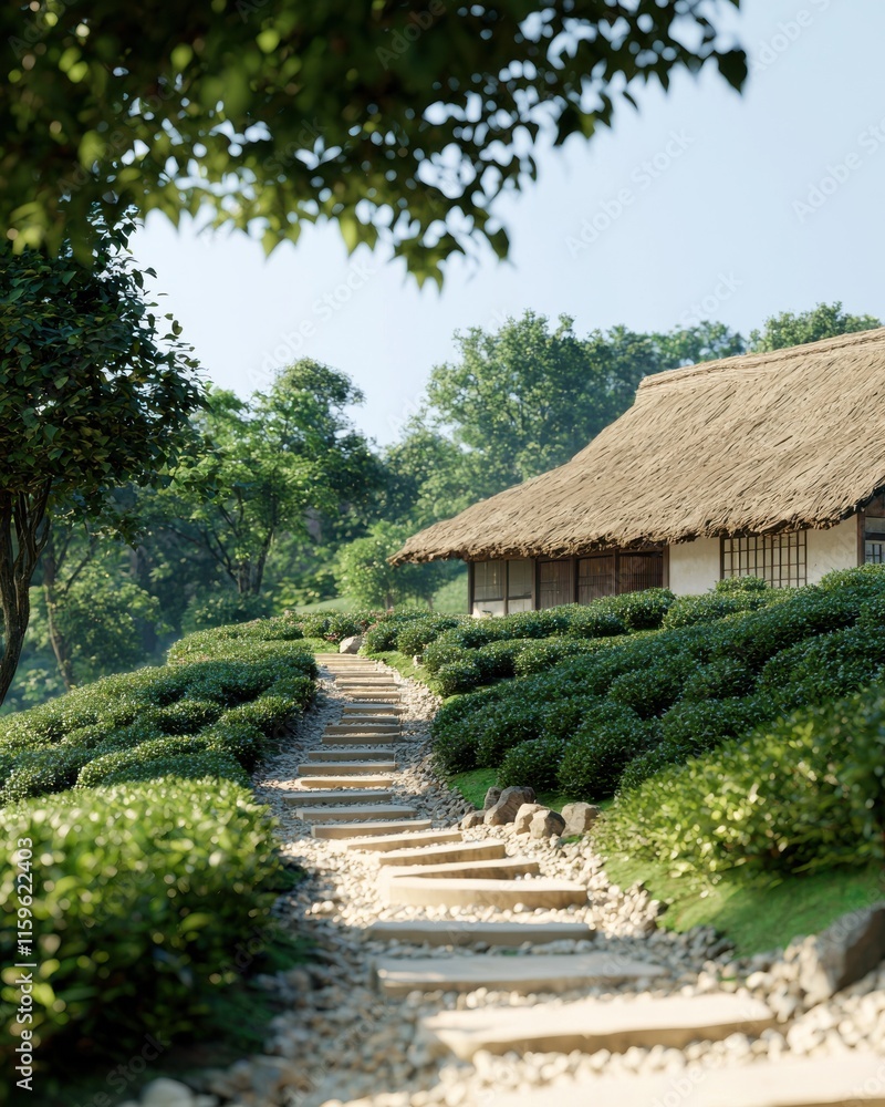 Traditional tea farming pathway leading to a rustic hut amidst lush greenery in a serene landscape