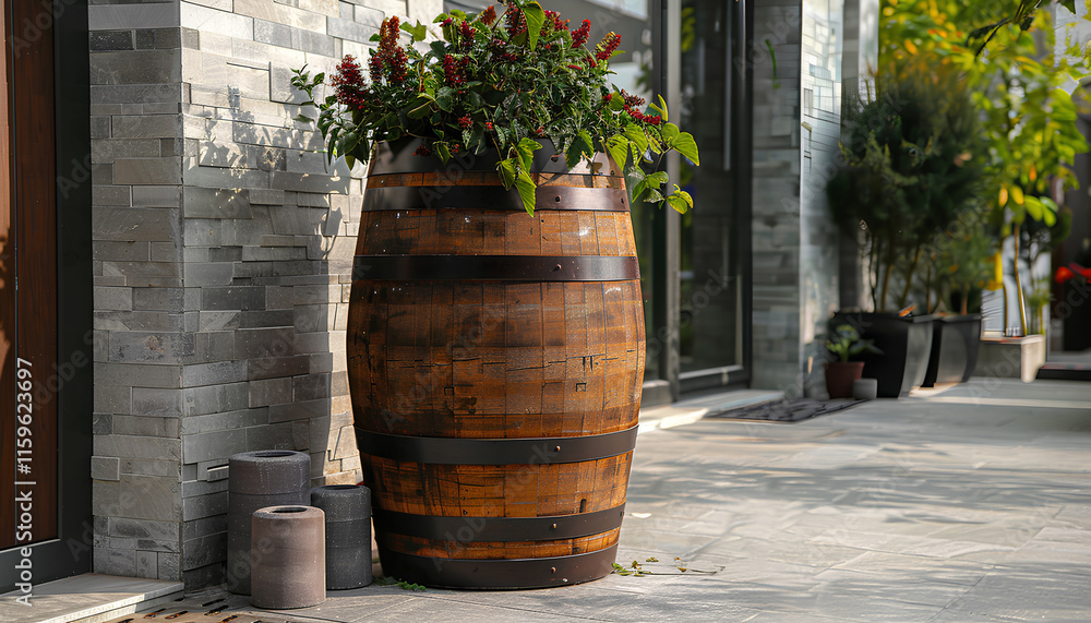 Fototapeta premium Traditional wooden barrel on street outdoors. Wine making