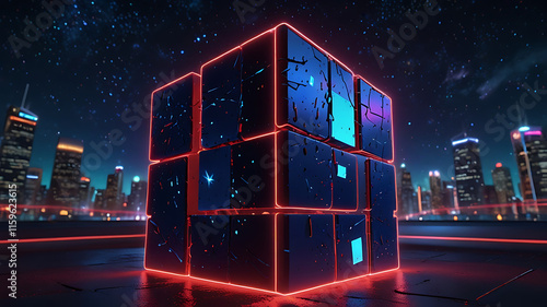 3d render, abstract red blue neon background. Glowing linear volumetric cube in the middle of the city street, under the starry night sky. Digital futuristic wallpaper