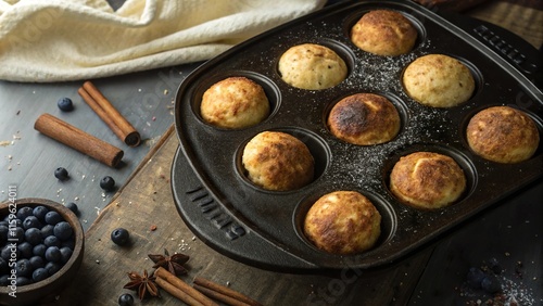 Textured top view of a bleskiver pan filled with golden treats surrounded by fresh blueberries and warm spices photo