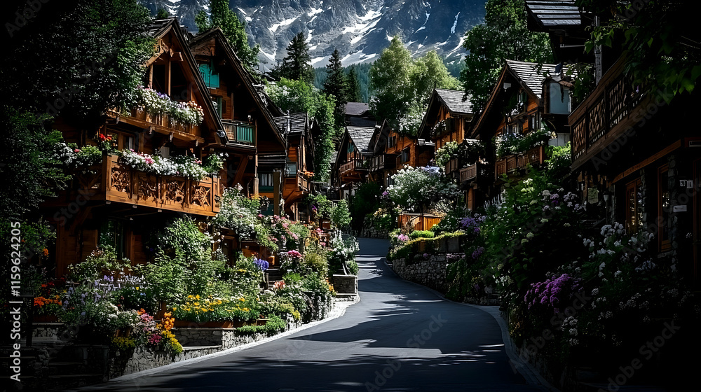 Obraz premium Scenic mountain village road with charming wooden houses and lush flowers.