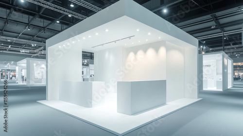 Fototapeta Naklejka Na Ścianę i Meble -  3d white booth stand room with wall for trade event mockup. Empty display corner with podium on floor mock up template. Blank presentation showroom interior set. Isolated exhibit advertising cube area