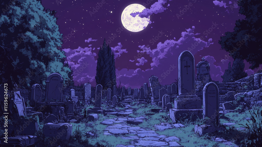 Naklejka premium Old cemetery with ghosts, memorial tombstones, graves and crypts. Vector parallax background for 2d animation with cartoon night landscape with graveyard, moon in sky and spirits of dead people