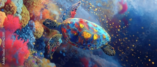 Vibrant sea turtle swimming amidst colorful coral reef. photo