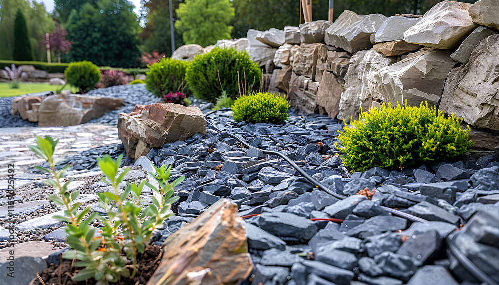 Professional Landscaper Installing Drip Irrigation System in a Newly Developed Modern Rockery Garden. Landscaping and Gardening Technologies