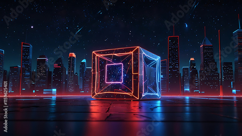 3d render, abstract red blue neon background. Glowing linear volumetric cube in the middle of the city street, under the starry night sky. Digital futuristic wallpaper