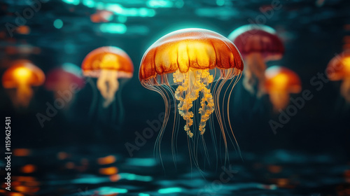 Wallpaper Mural Glowing up, A mesmerizing image of glowing jellyfish in a deep blue ocean, showcasing bioluminescence in a serene underwater setting. Torontodigital.ca