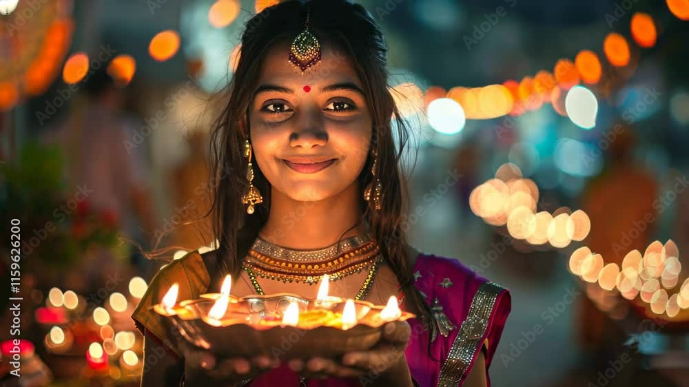 Captivating portrait of a smiling Indian woman dressed in traditional wear, presenting a lit Diya amidst the festive glow of Diwali lights Captivating portrait of a smiling Indian woman dressed in traditional wear, presenting a lit Diya amidst the festive glow of Diwali lights